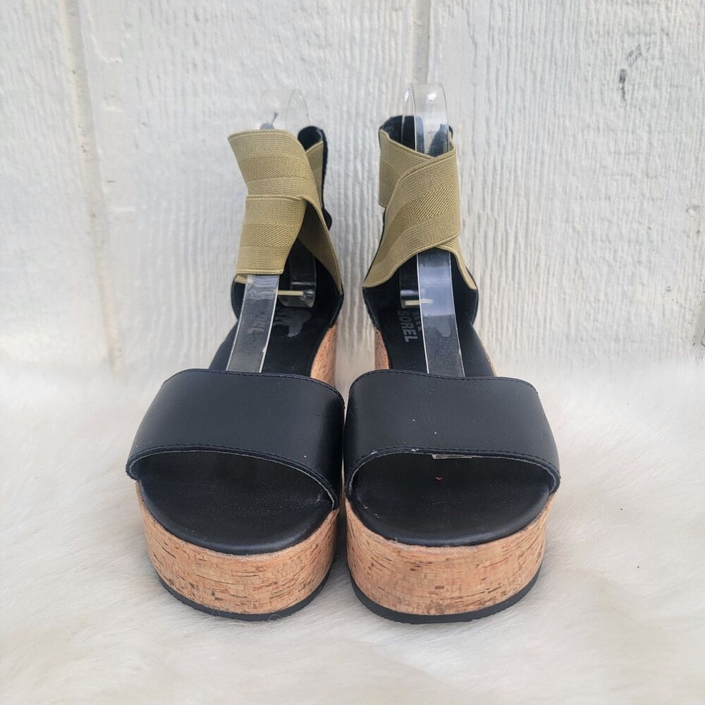 Sorel Cameron Platform Wedge Women's Sandal Elastic Ankle Strap Blk/tan Sz 5.5